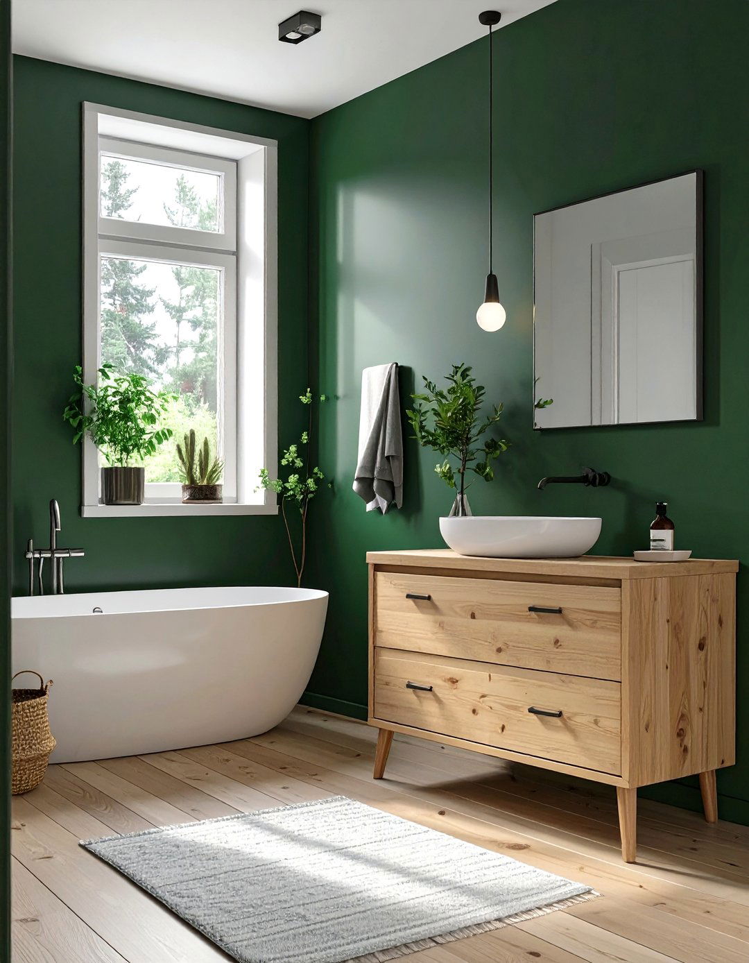 Dark Green and Light Wood Scandinavian Bathroom - 30 dark green bathroom ideas