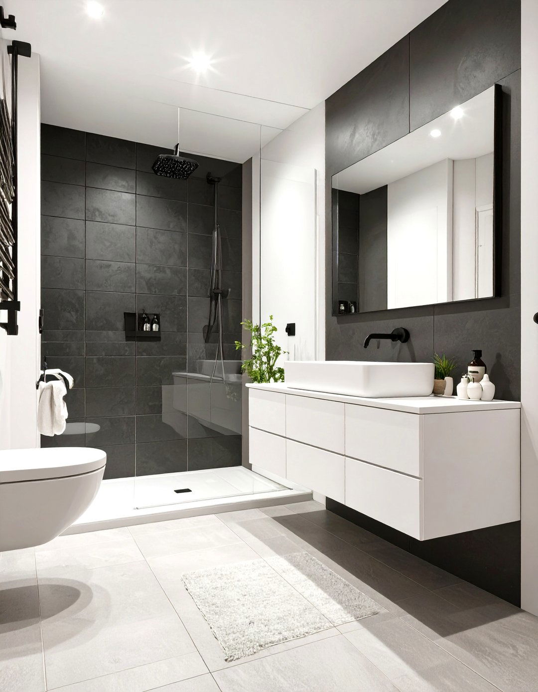 Dark Grey and White Contrast Bathroom - 30 grey modern small bathroom designs