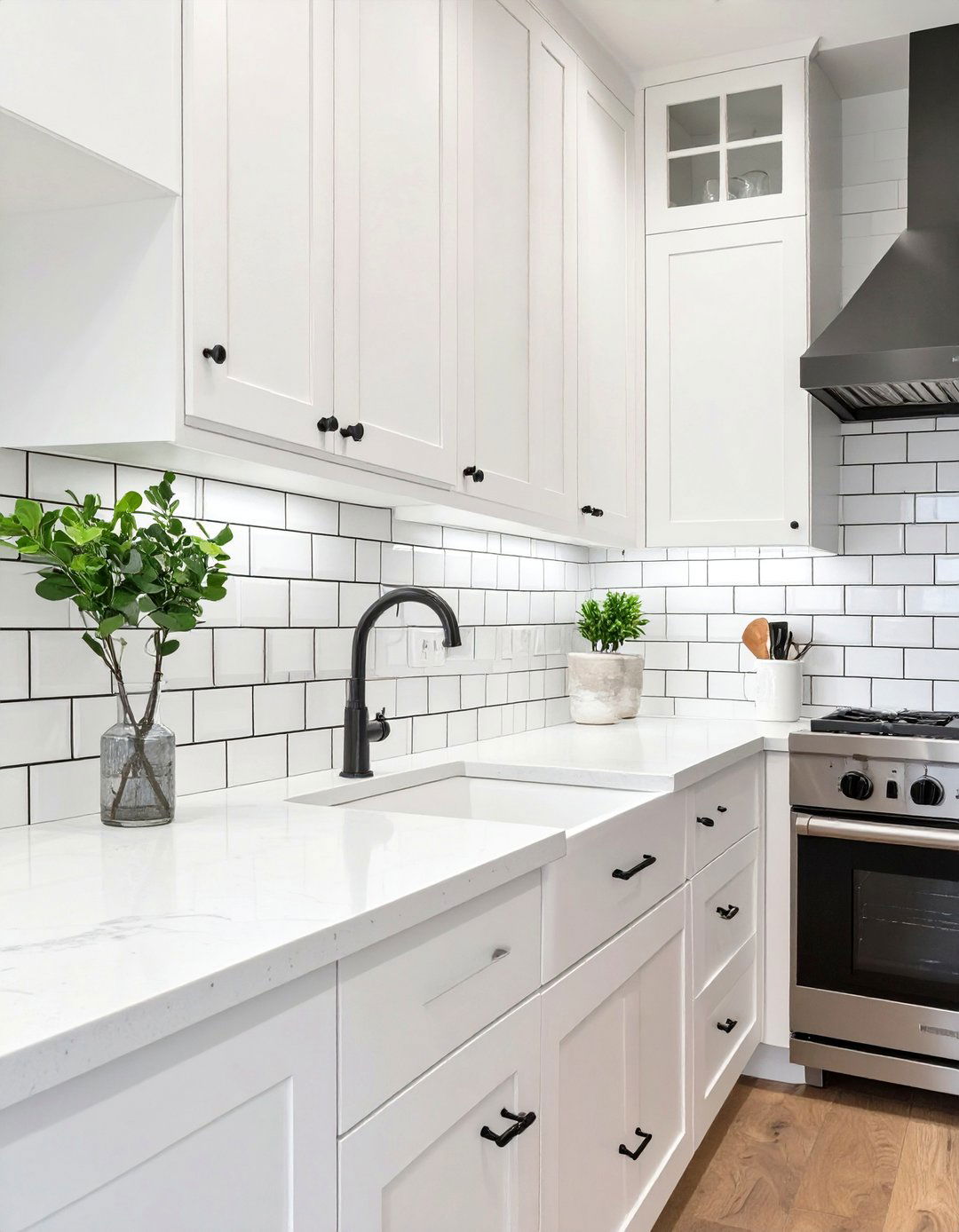 Dark Grout with White Tile Backsplash - 30 backsplash ideas for white cabinets and quartz countertops