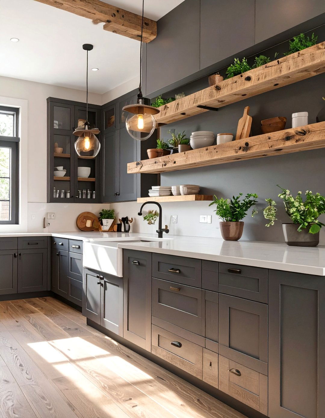 Dark Kitchen with Open Shelving - 30 dark kitchen ideas