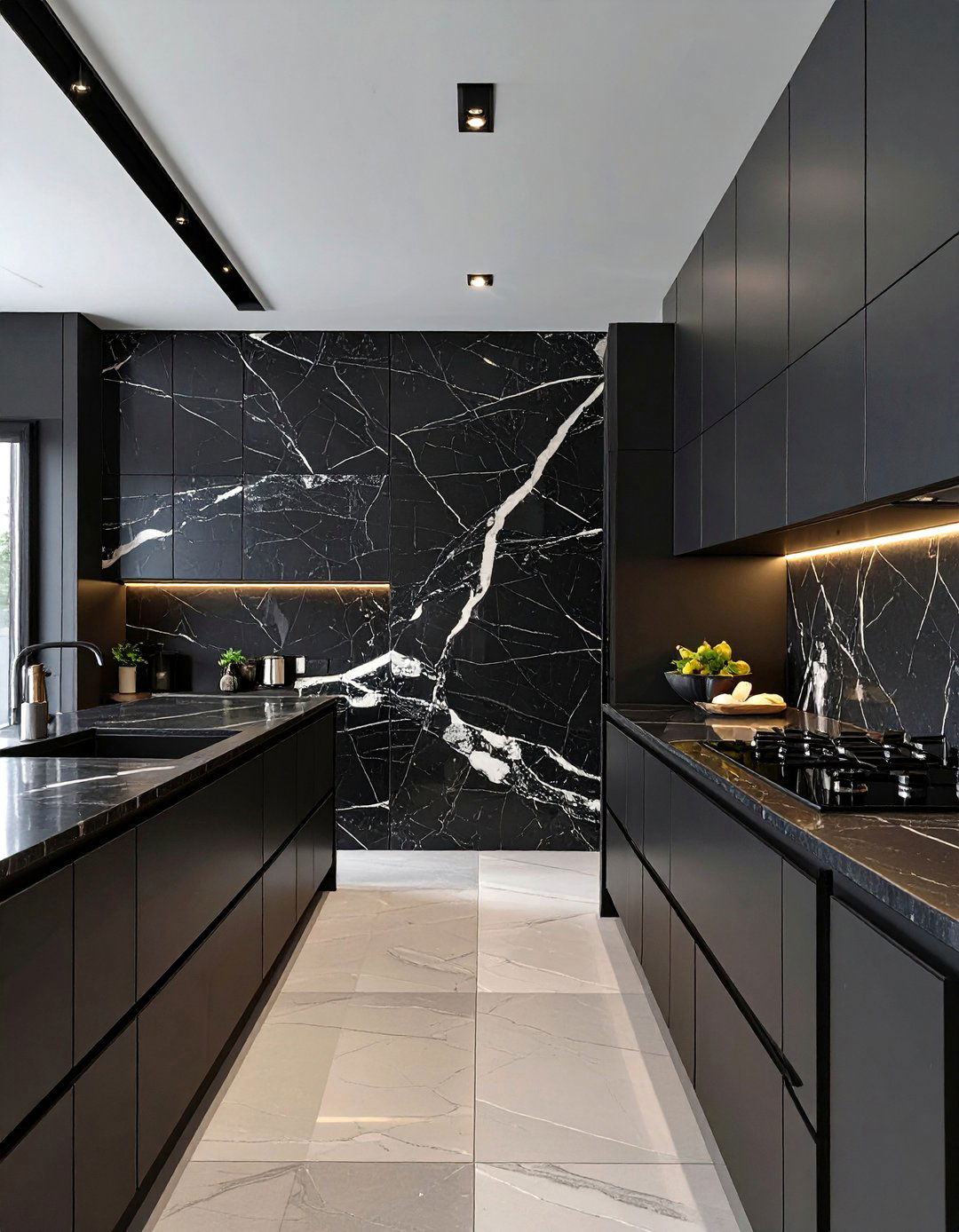 Dark Kitchen with a Dramatic Stone Backsplash - 30 dark kitchen ideas