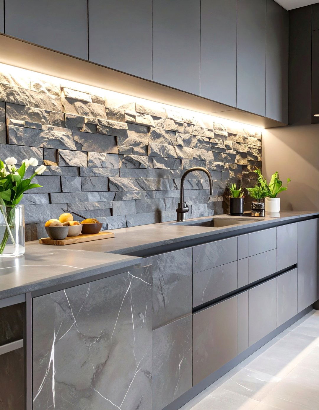 Dark Kitchen with a Textured Backsplash - 30 dark kitchen ideas