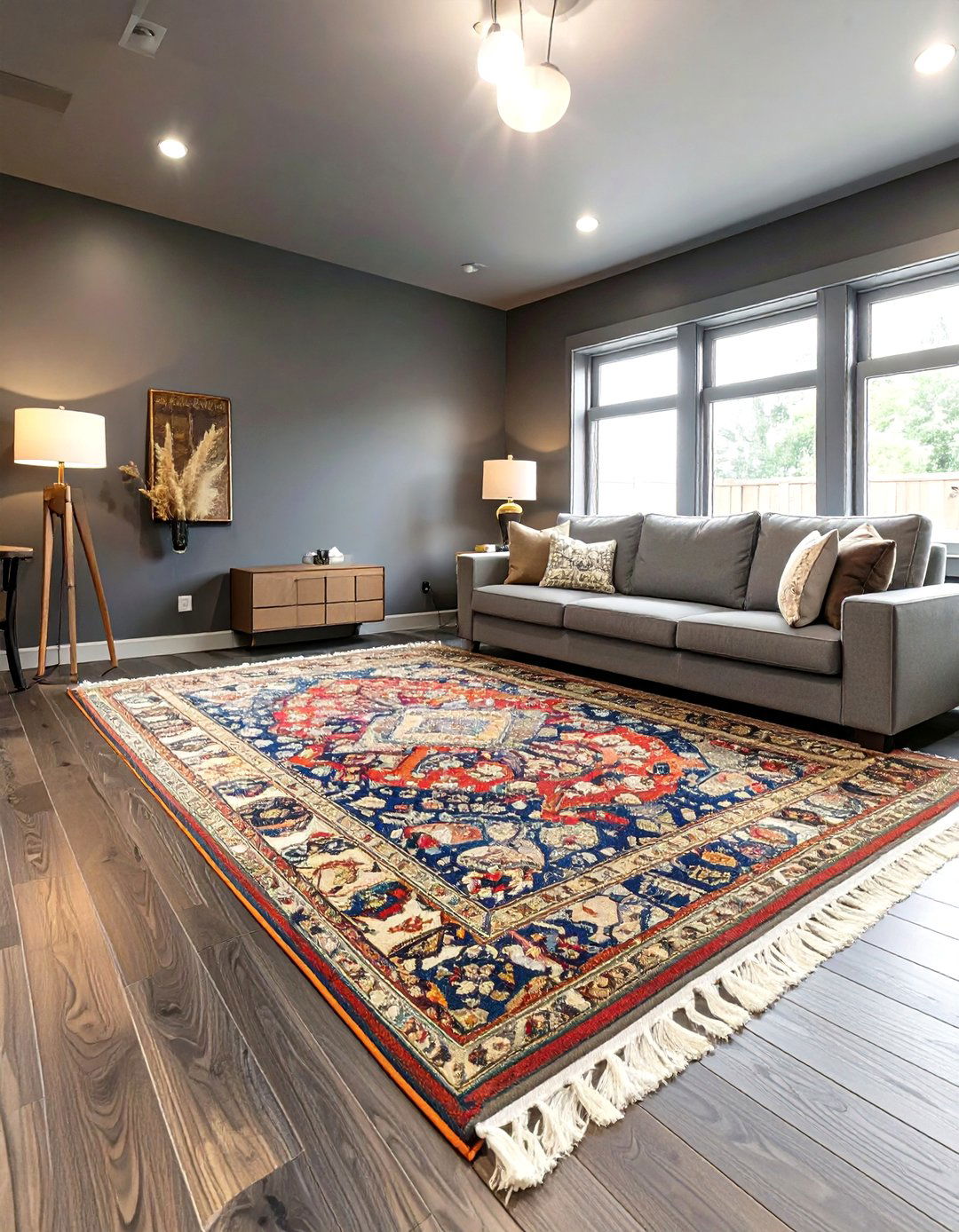 Dark Living Room with a Statement Rug - 30 dark living room ideas