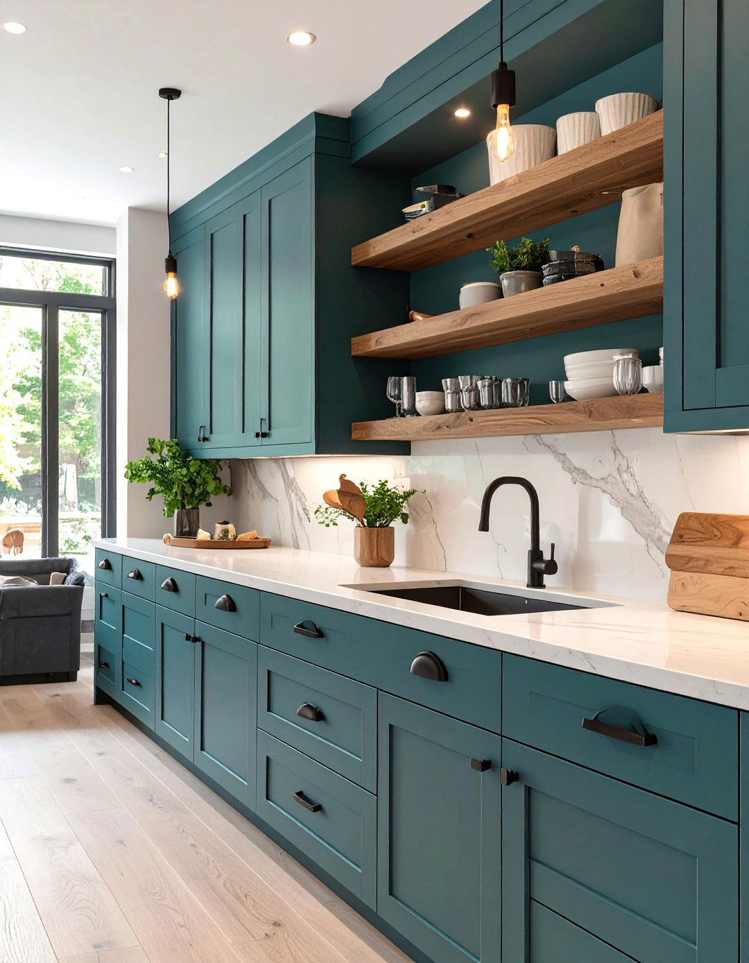 Dark Teal Kitchen with Black and Wood Details - 30 blue kitchen cabinets ideas