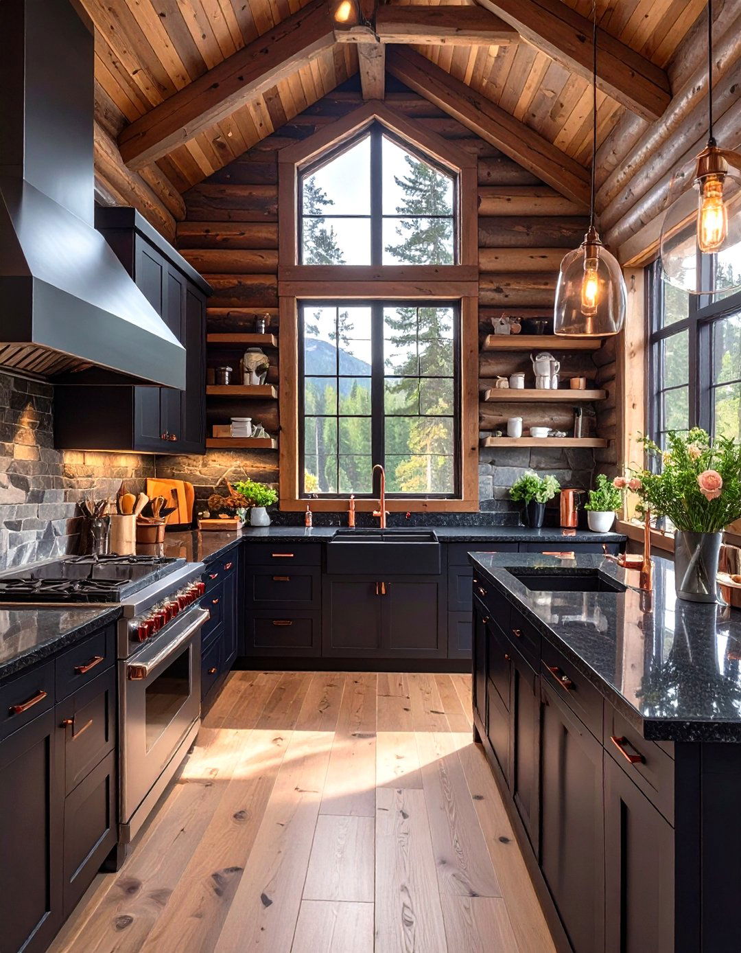 Dark and Dramatic Log Cabin Kitchen Design - 30 modern log cabin kitchen ideas
