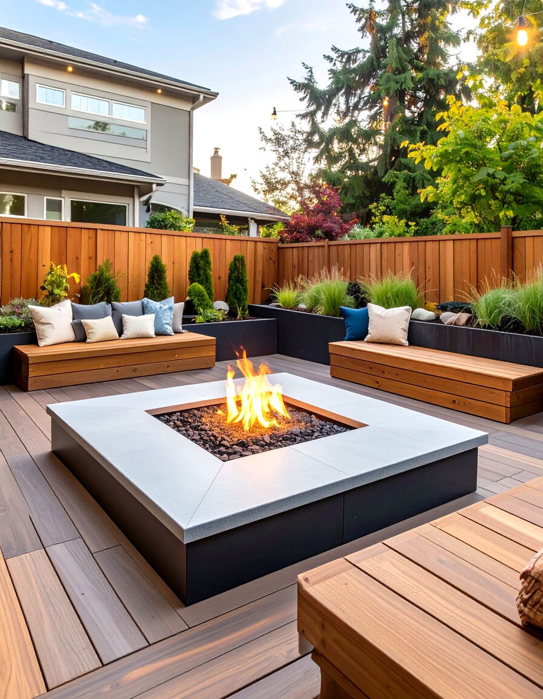 Deck Integrated Fire Pit with Built In Benches - 30 small backyard fire pit ideas landscaping