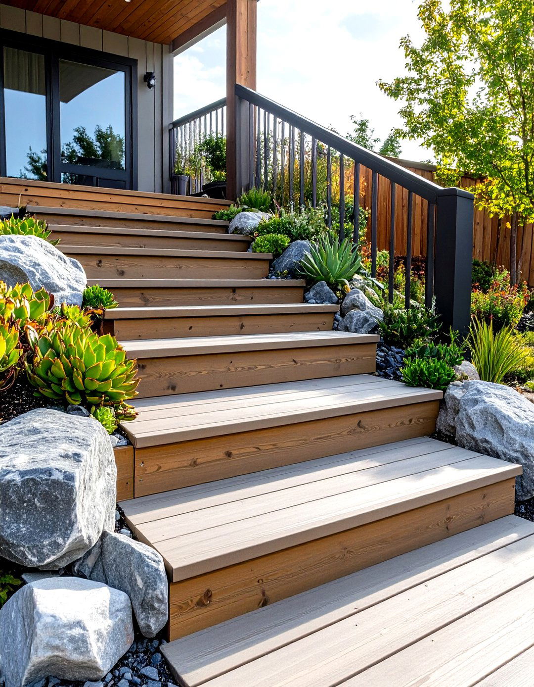 Deck Steps with a Rock Garden Border - 30 deck steps ideas