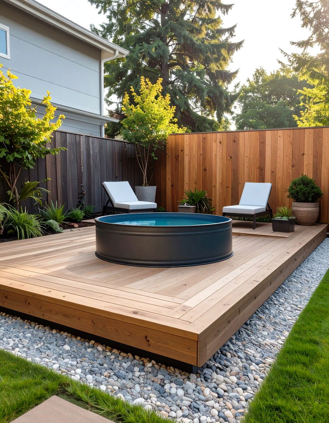 Deck and Stock Tank Pool Backyard - 30 cheap no grass backyard ideas