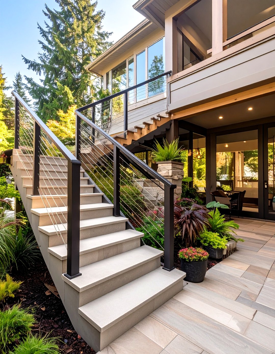 Deck to Patio Transition Cable Railing - 30 cable deck railing ideas