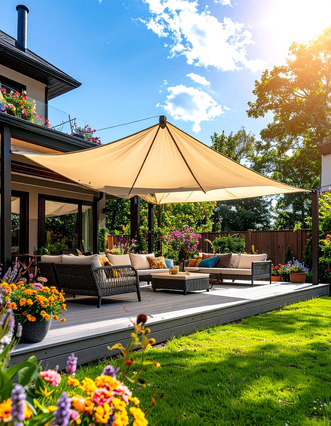 Deck with Adjustable Shade Sails - 30 partially covered deck ideas