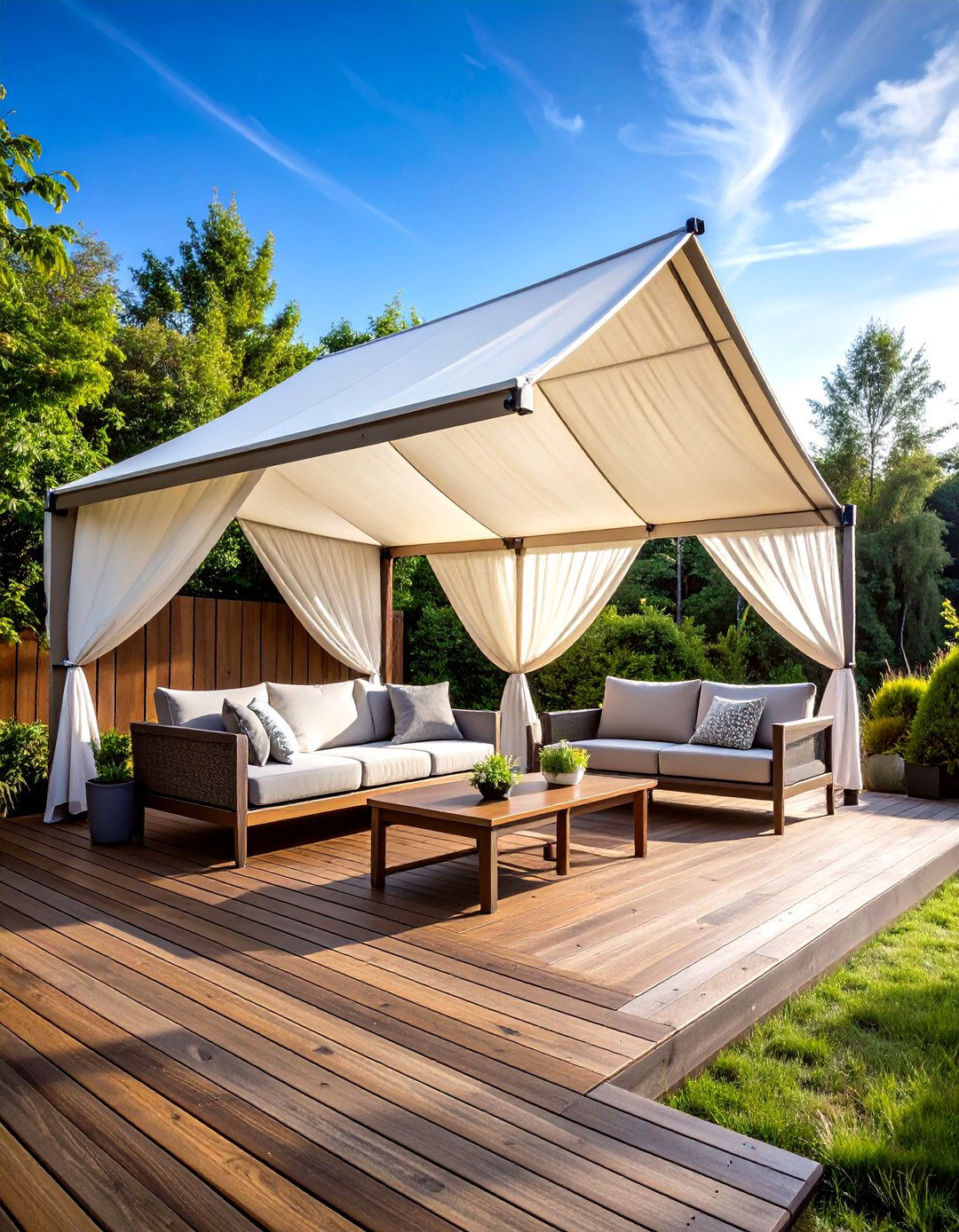 Deck with a Fabric Sail Shade - 30 partially covered deck ideas
