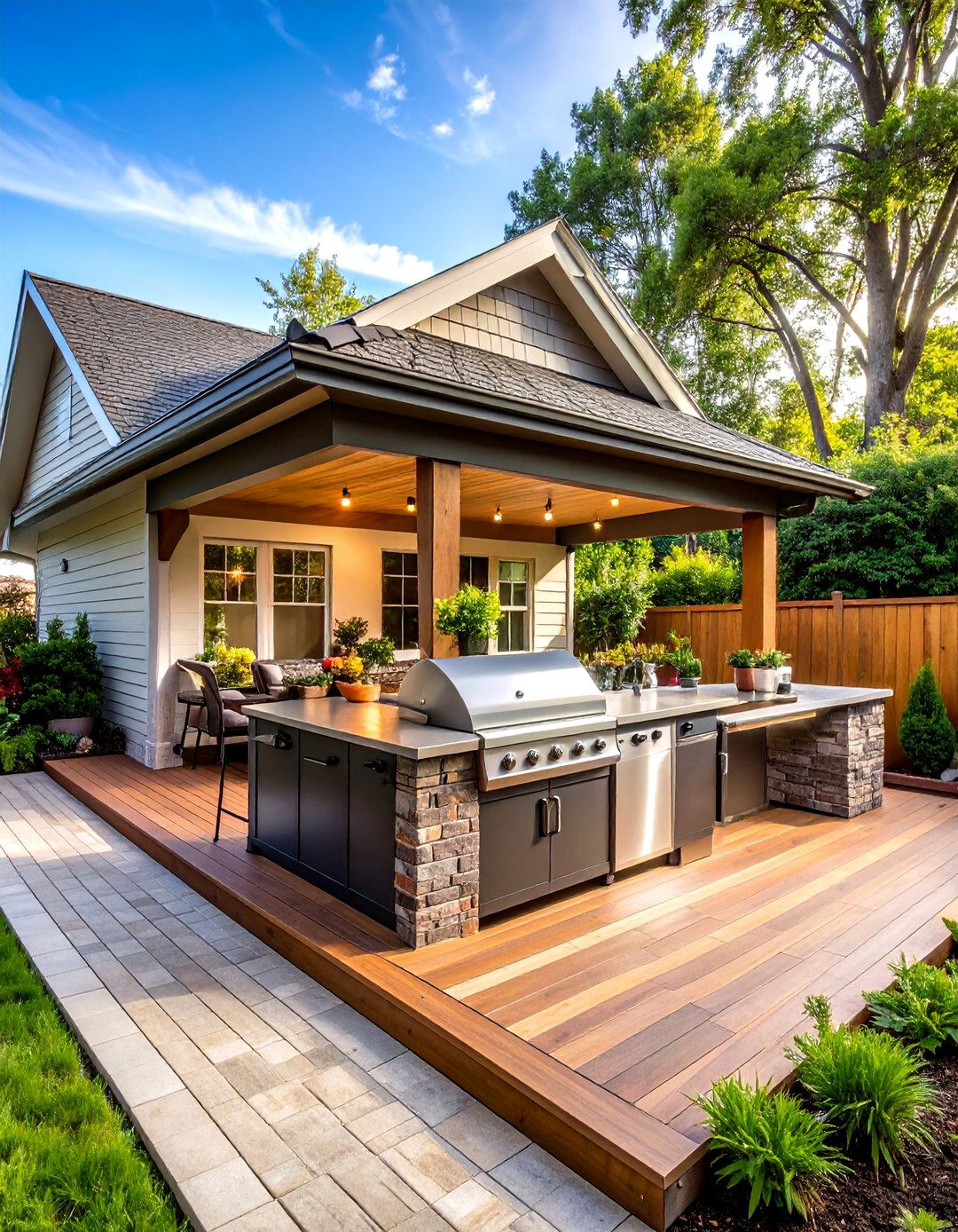Deck with a Hip Roof Covering - 30 partially covered deck ideas