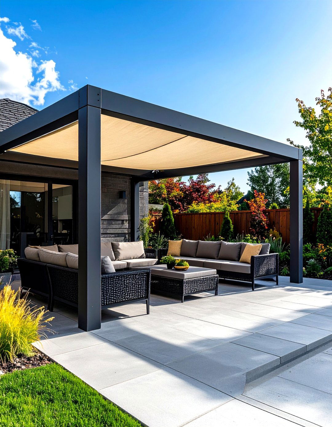 Deck with a Metal Pergola - 30 partially covered deck ideas