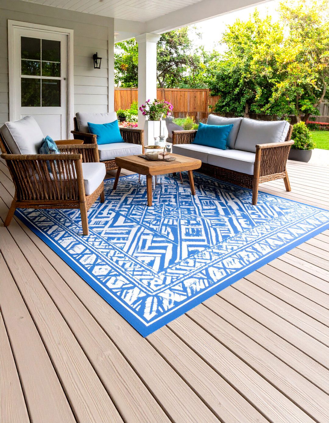 Deck with a Painted Faux Rug Pattern - 30 painted deck ideas
