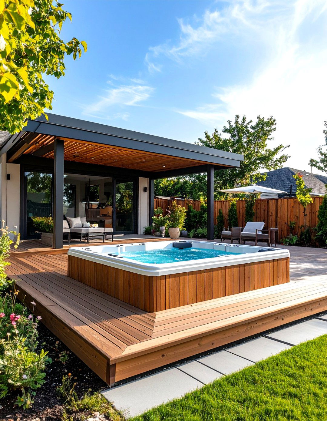 Deck with a Privacy Wall and Roof Combination - 30 partially covered deck ideas