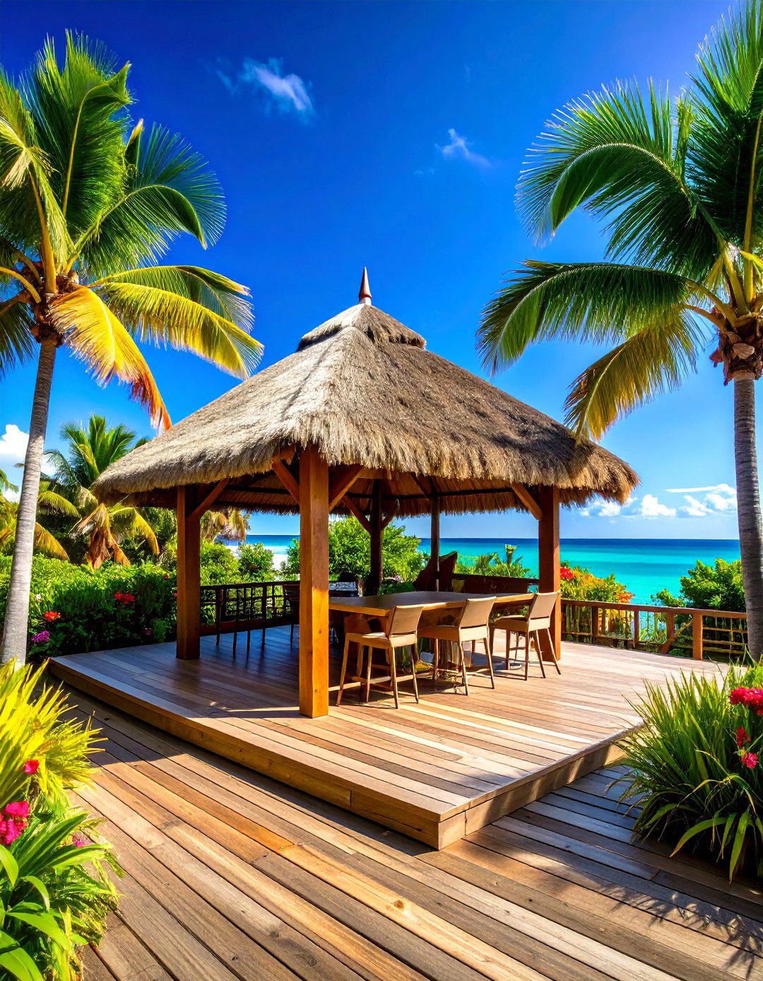Deck with a Thatched Roof Gazebo Section - 30 partially covered deck ideas