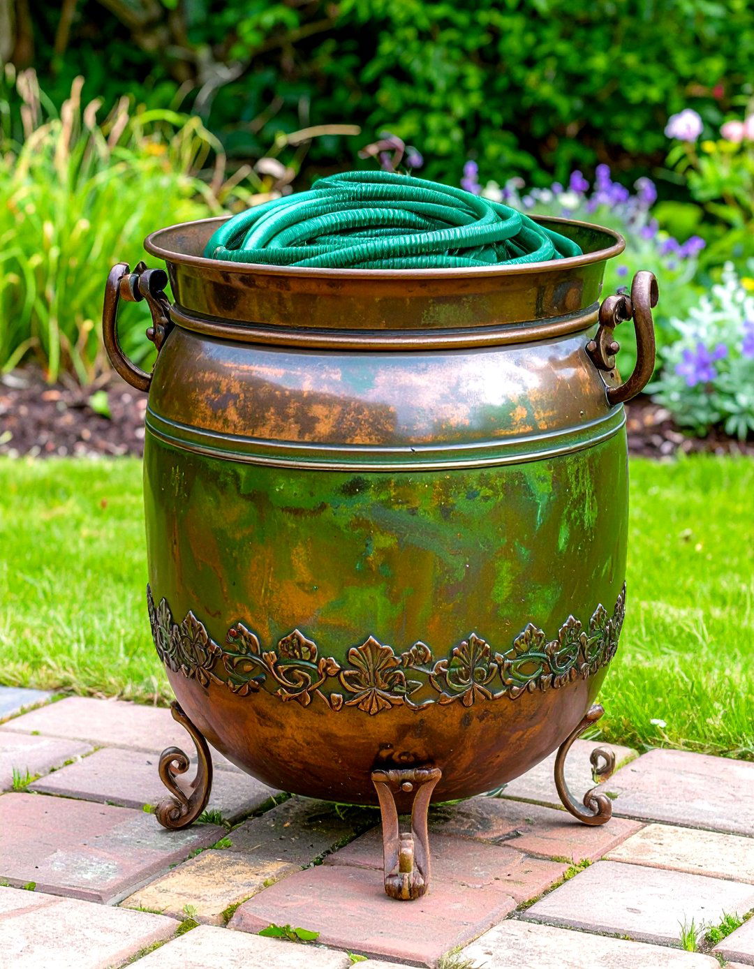 Decorative Cast Aluminum Hose Pot - 30 garden hose storage ideas