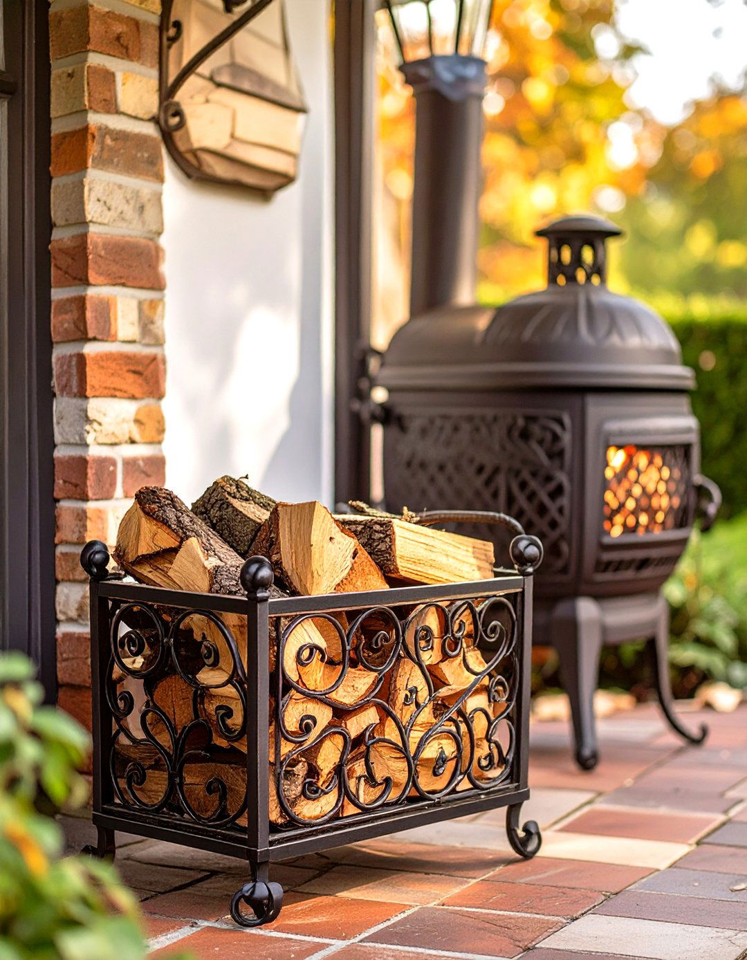 Decorative Wrought Iron Firewood Basket - 30 outdoor firewood storage ideas
