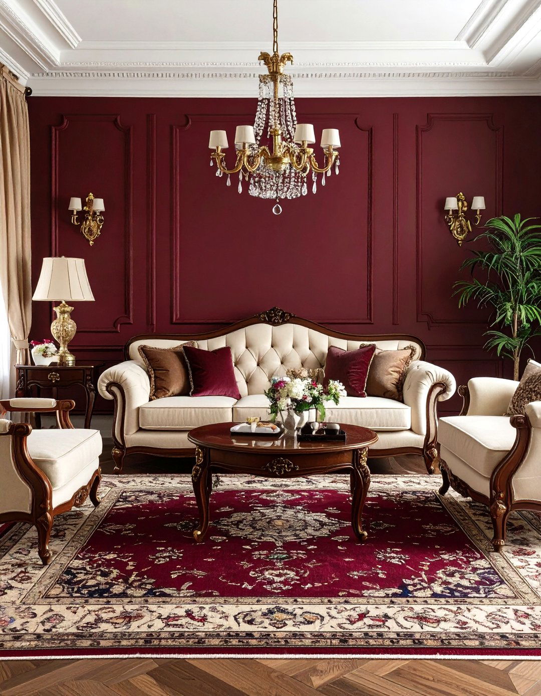 Deep Burgundy Accent Wall In A Traditional Living Room - 30 living room paint ideas with accent wall
