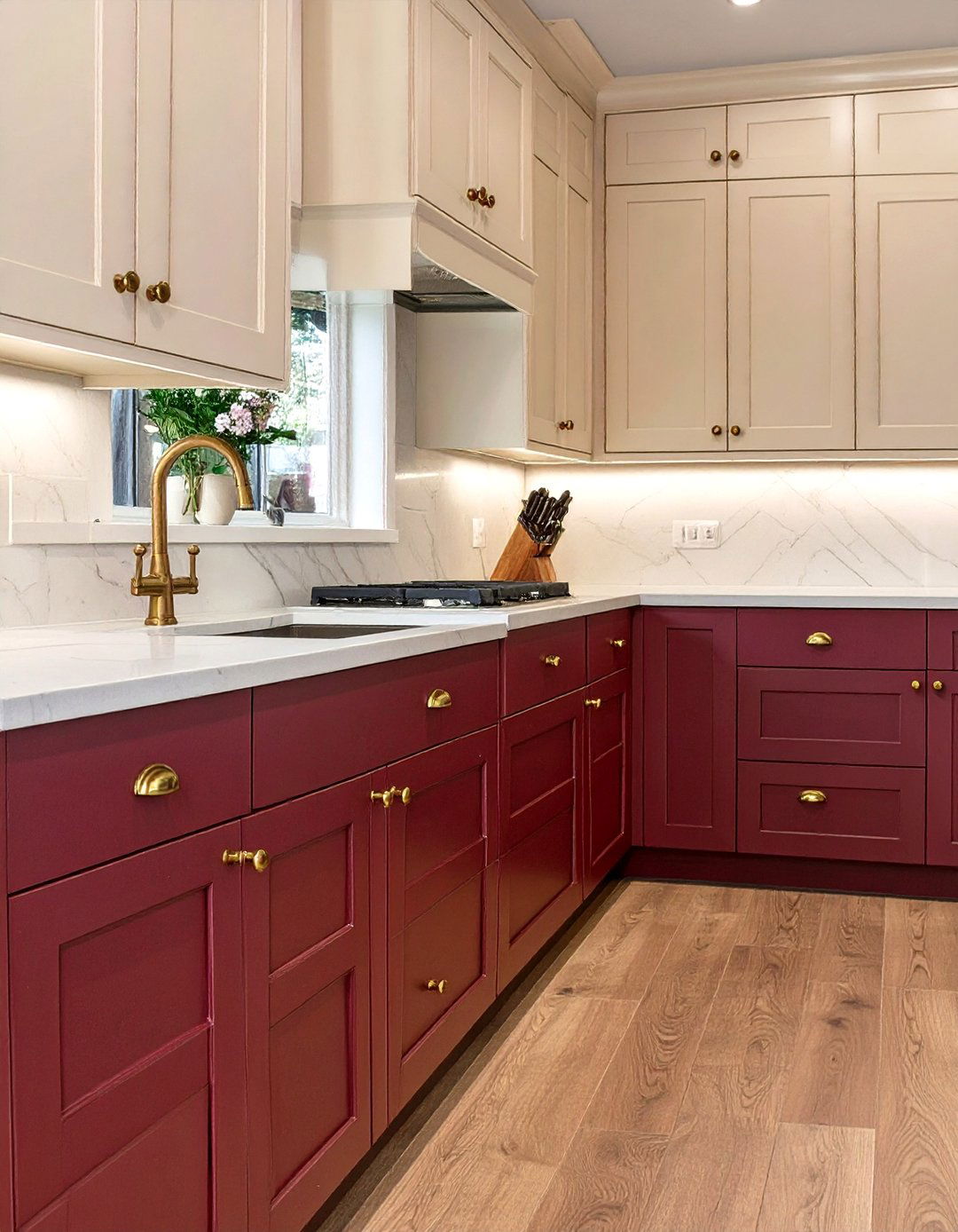 Deep Burgundy Lowers with Off White Uppers - 30 two tone kitchen cabinet ideas