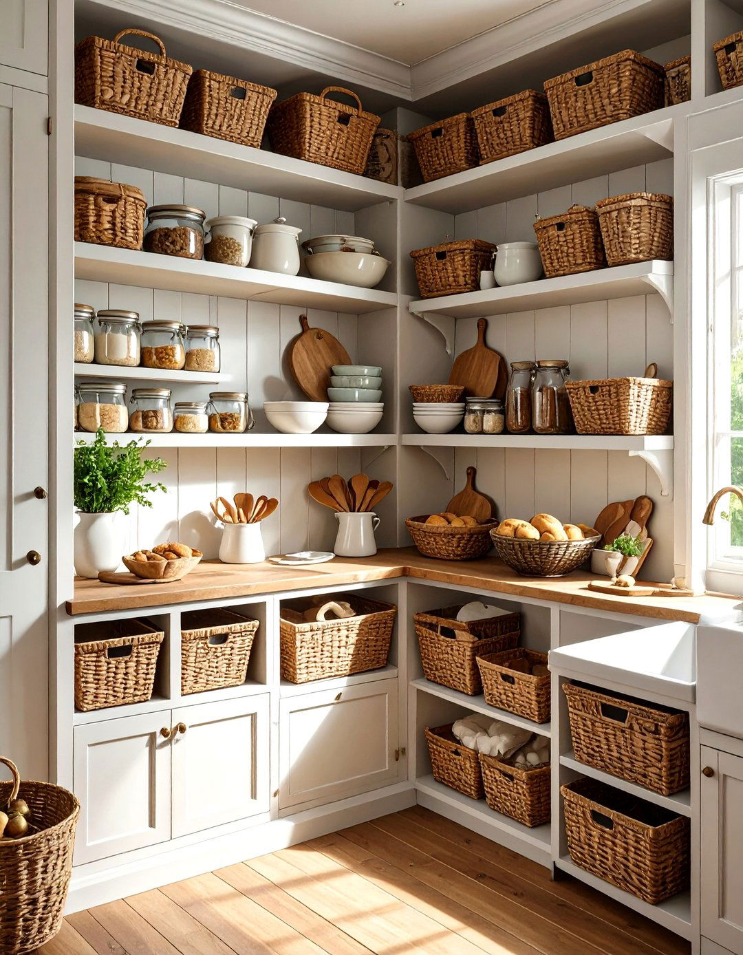 Deep Corner Shelving with Baskets - 30 blind corner kitchen cabinet ideas
