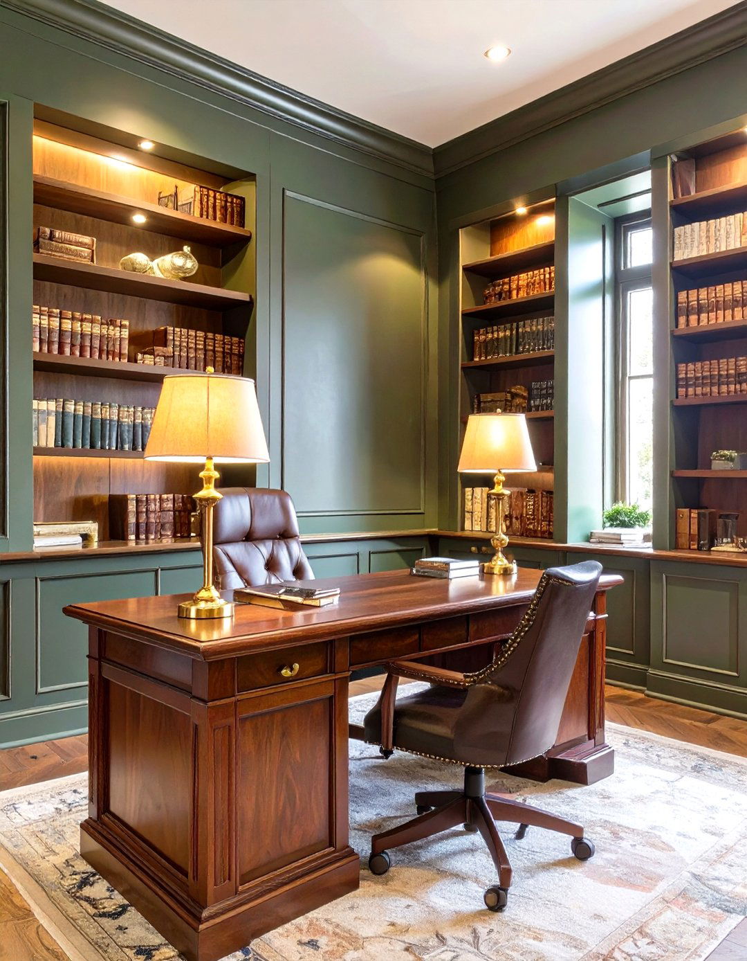 Deep Green and Walnut Library Office - 30 office color ideas