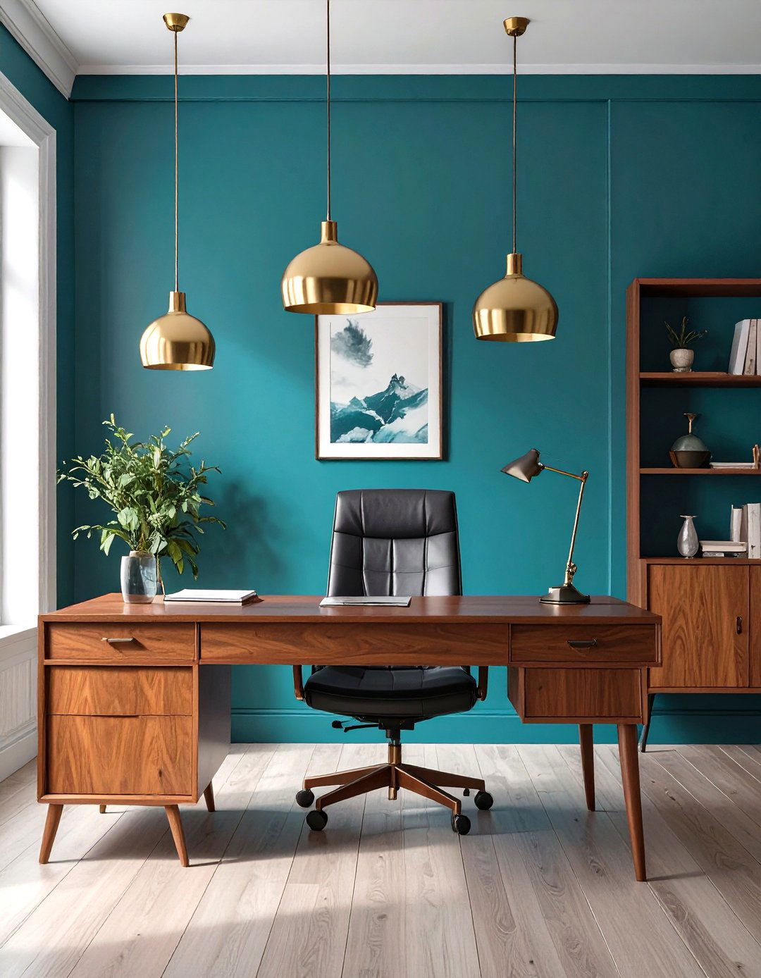 Deep Teal and Light Wood Mid Century Office - 30 office color ideas