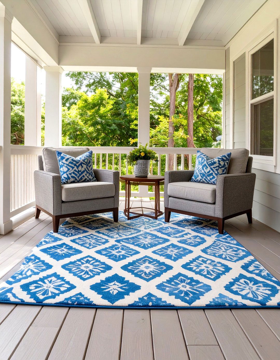 Define the Space with an Outdoor Area Rug - 30 screened in porch decorating ideas