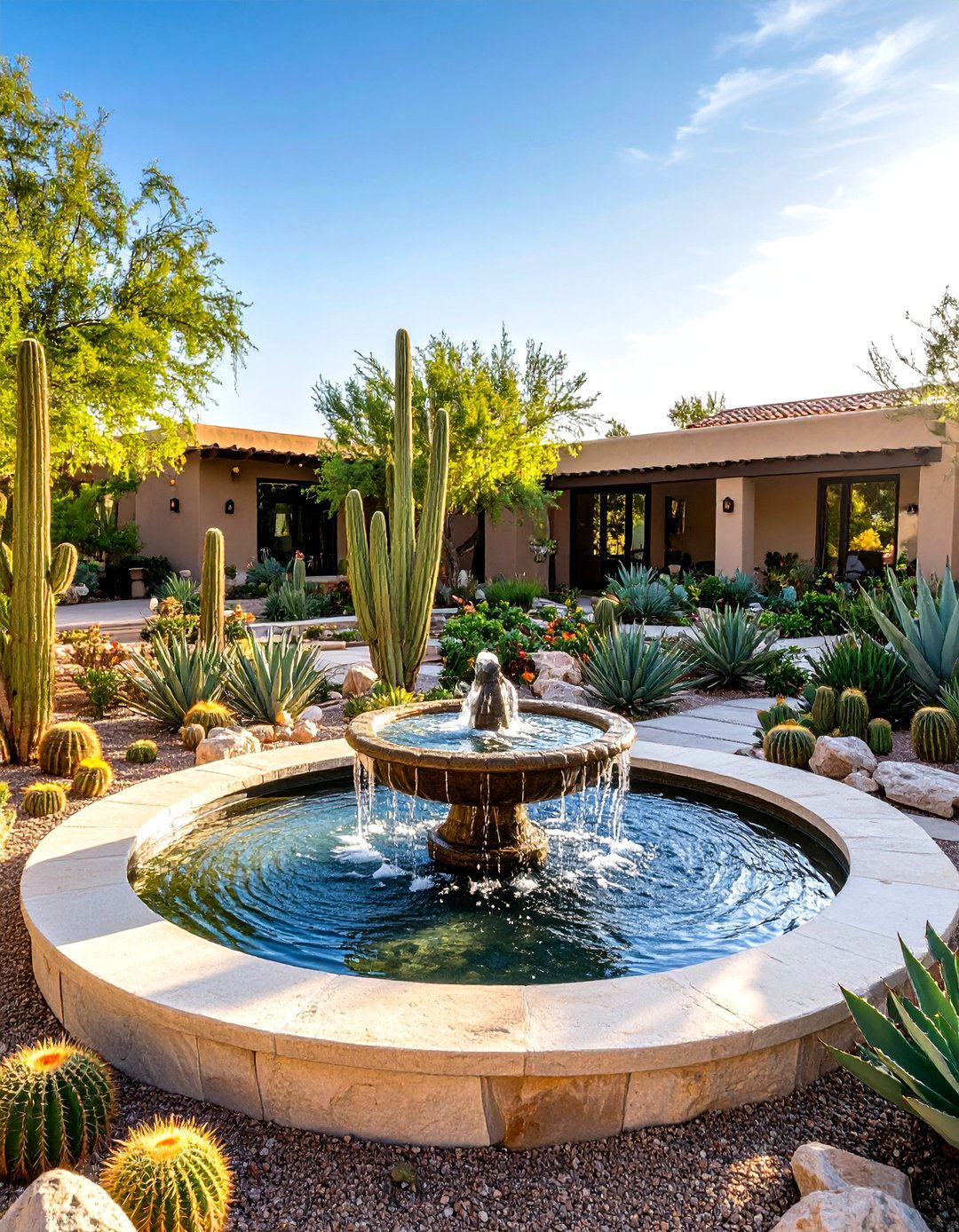 Desert Oasis with Water Feature - 30 front yard cactus garden ideas