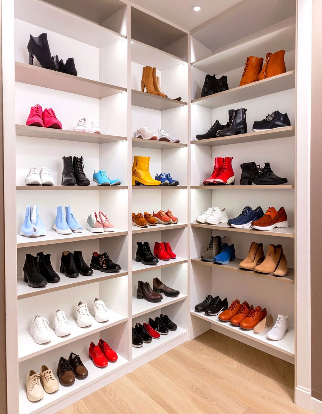 Designated Shoe Wall with Slanted Shelves - 30 walk in closet organization ideas
