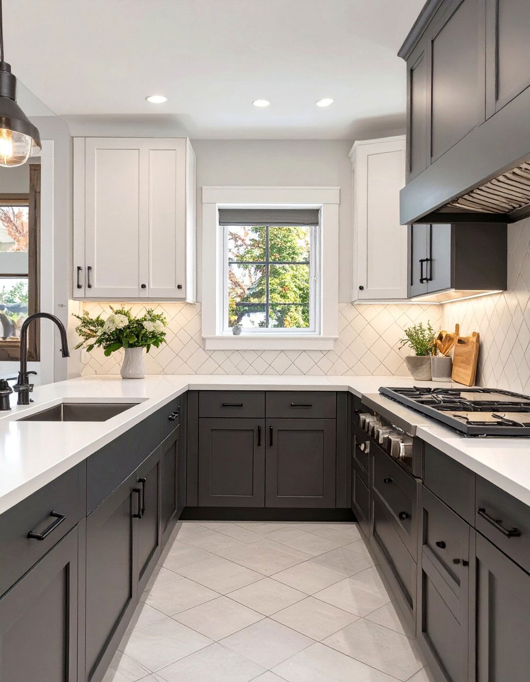 Diamond Pattern Tile Layout - 30 backsplash ideas for dark cabinets and light countertops