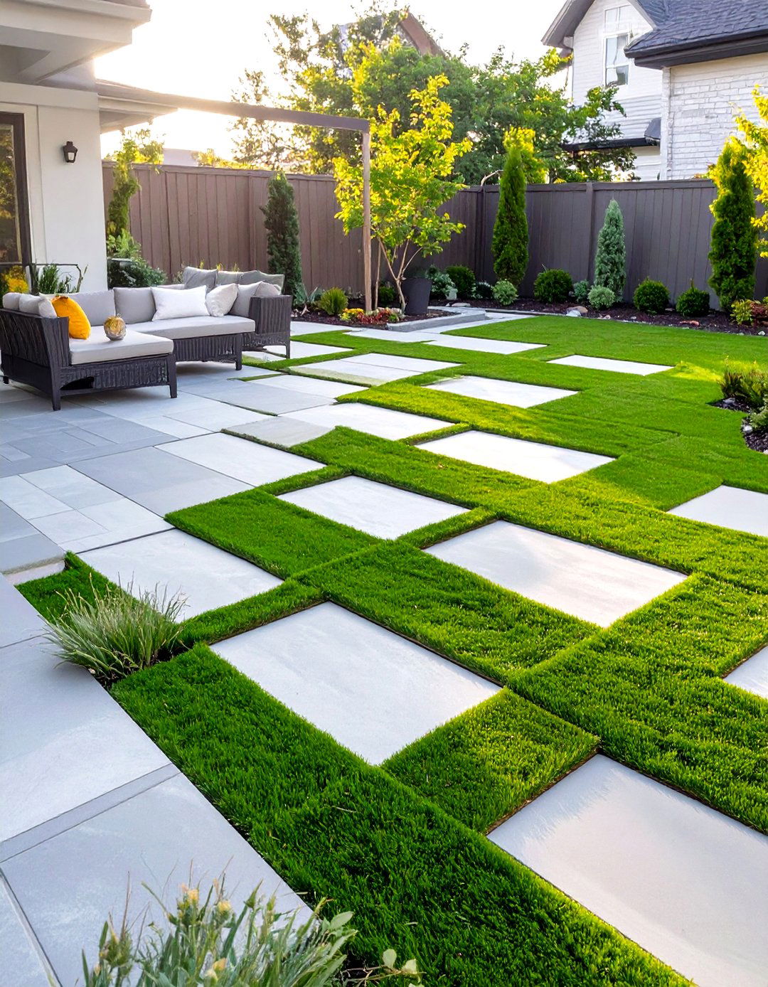 Diamond Pattern Turf and Paver Design - 30 small backyard turf ideas