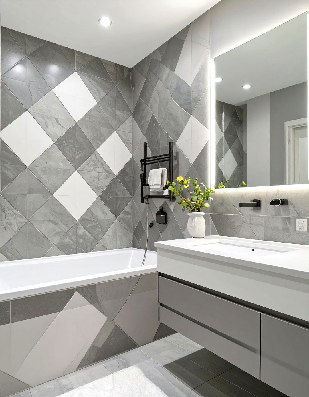 Diamond Patterned Tiled Bathroom Wall - 30 tiled bathroom ideas