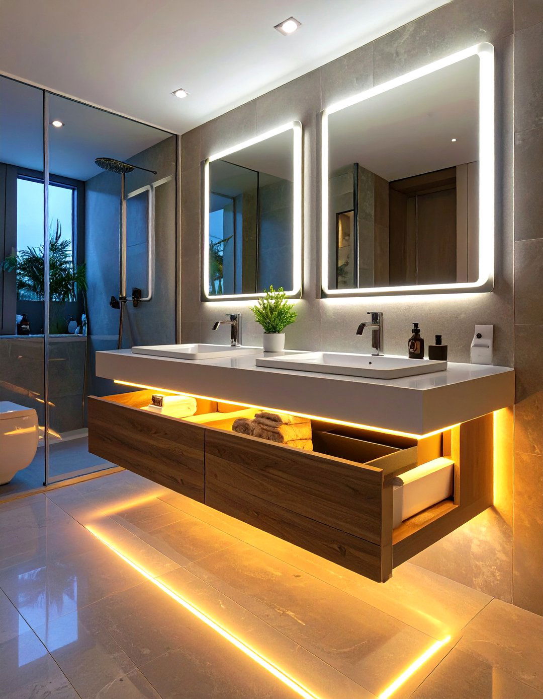 Double Vanity with Integrated Lighting - 30 master bathroom double sink vanity ideas