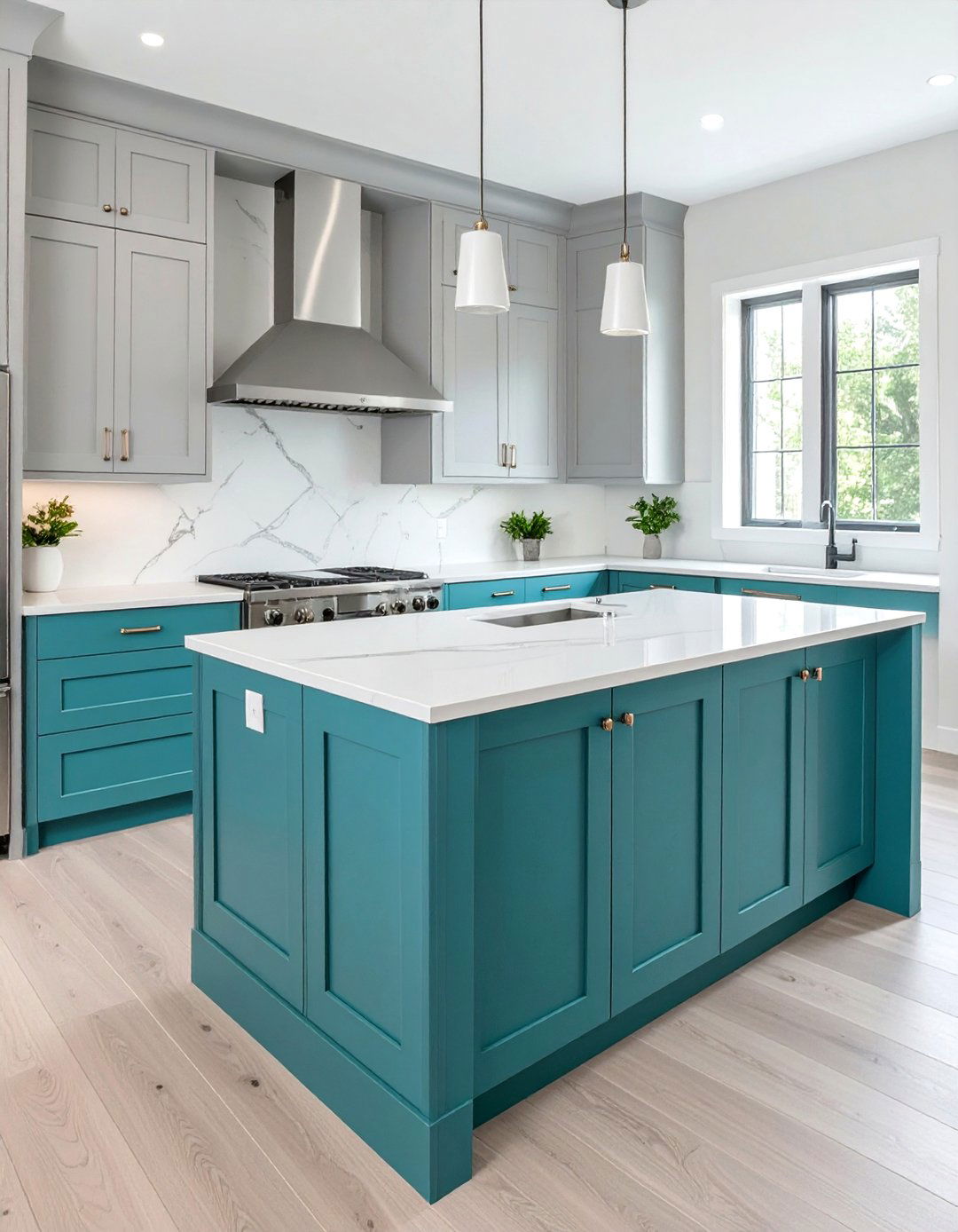 Dove Gray Cabinets with a Deep Teal Island - 30 two tone painted kitchen cabinet ideas