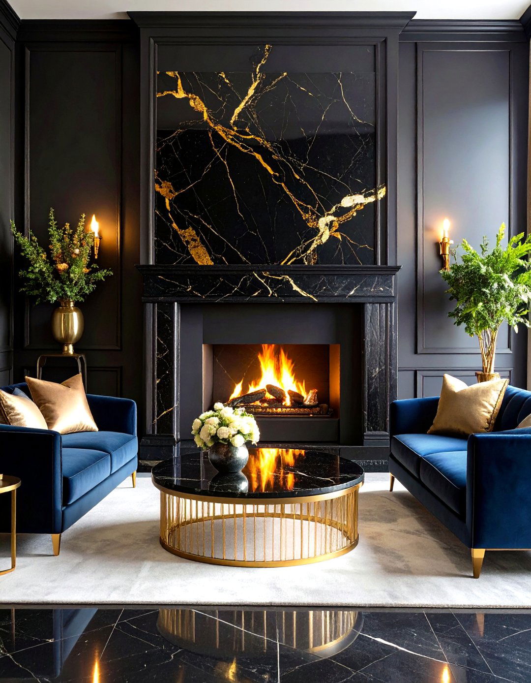 Dramatic Black Marble Fireplace - 30 living room stone fireplace ideas