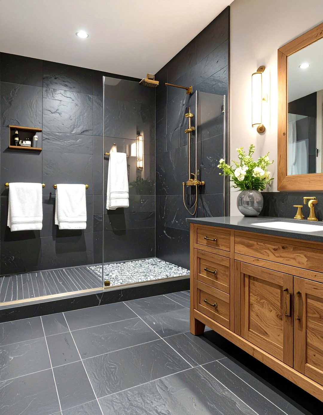 Dramatic Black Slate Master Bathroom - 30 master bathroom tile ideas