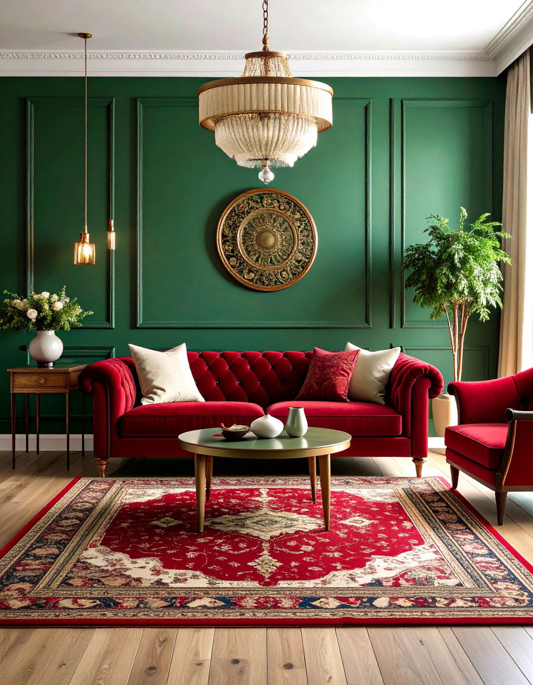 Dramatic Complementary Red and Green Formal Living Room - 30 interior design color wheel ideas