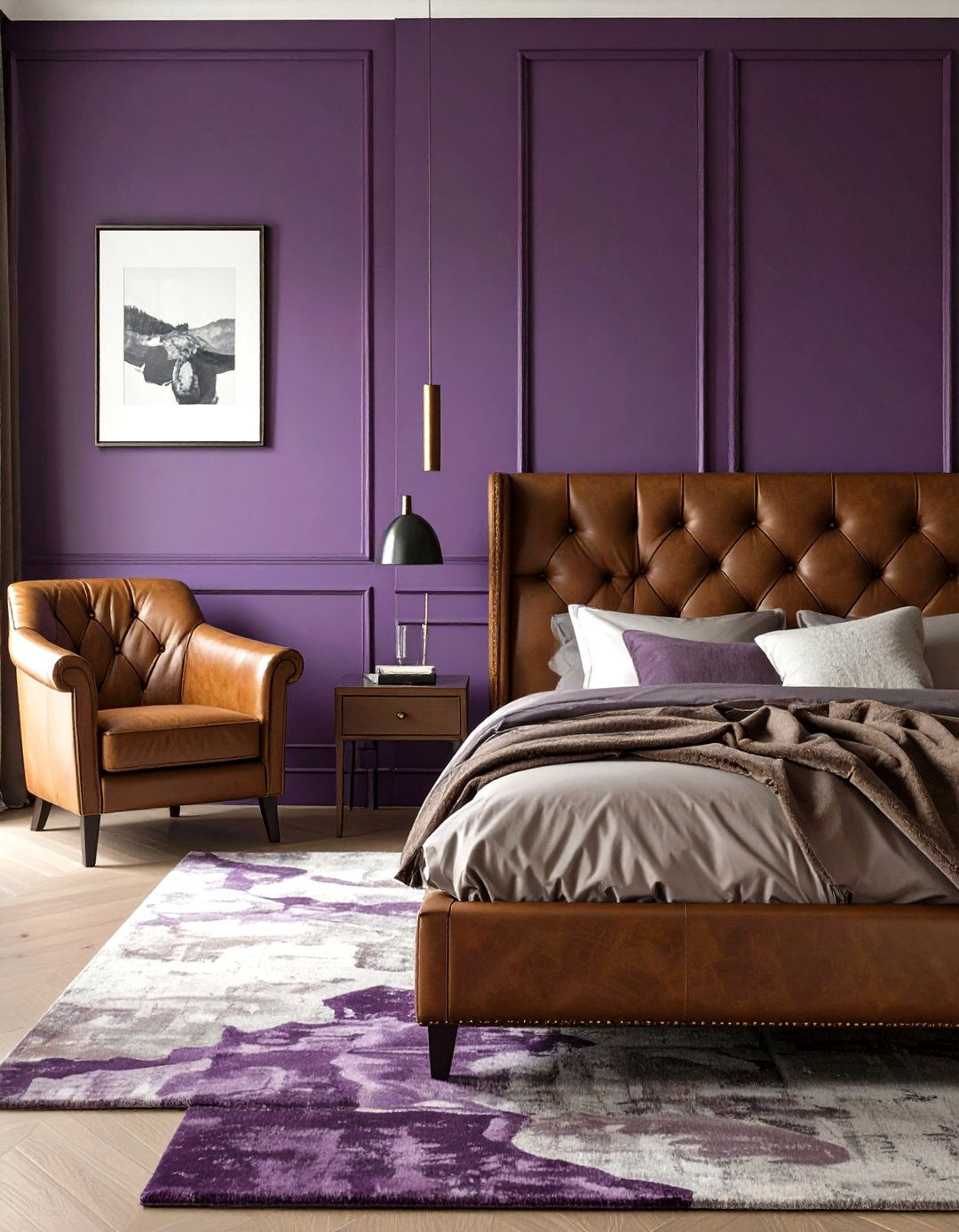 Dramatic Eggplant and Leather Bedroom - 30 modern purple bedroom ideas