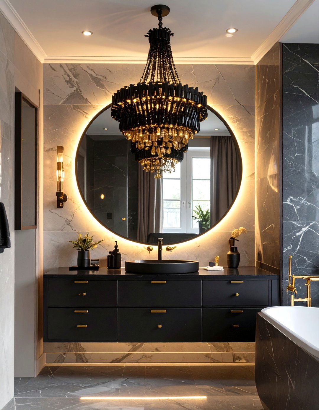 Dramatic Lighting Bathroom - 30 black and gold bathroom ideas