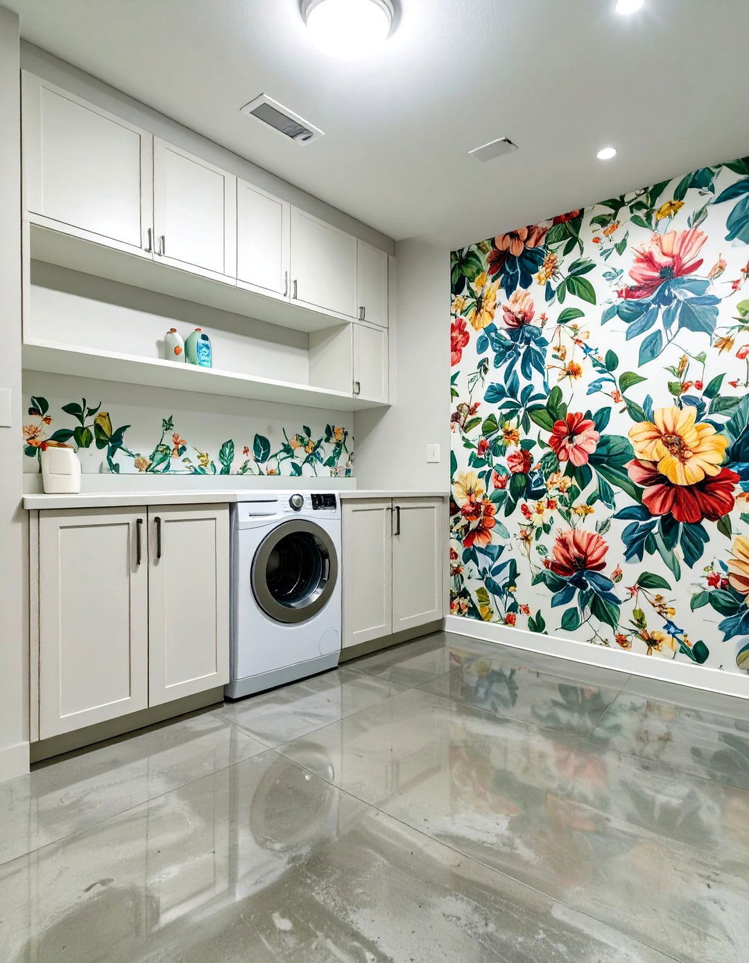 Dramatic Wallpaper Accent Basement Laundry Room - 30 concrete basement laundry room ideas