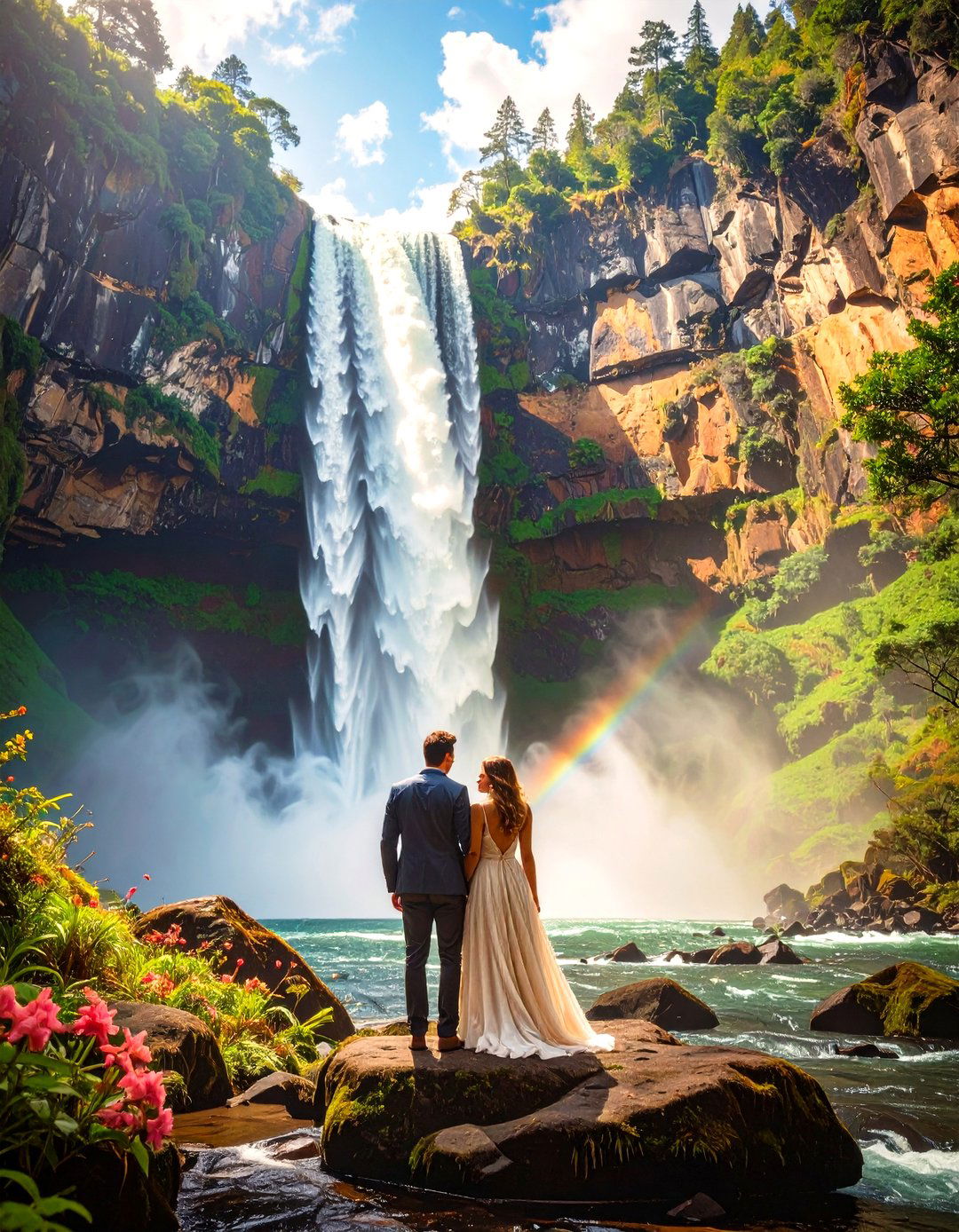 Dramatic Waterfall Backdrop - 30 outdoor engagement photo ideas