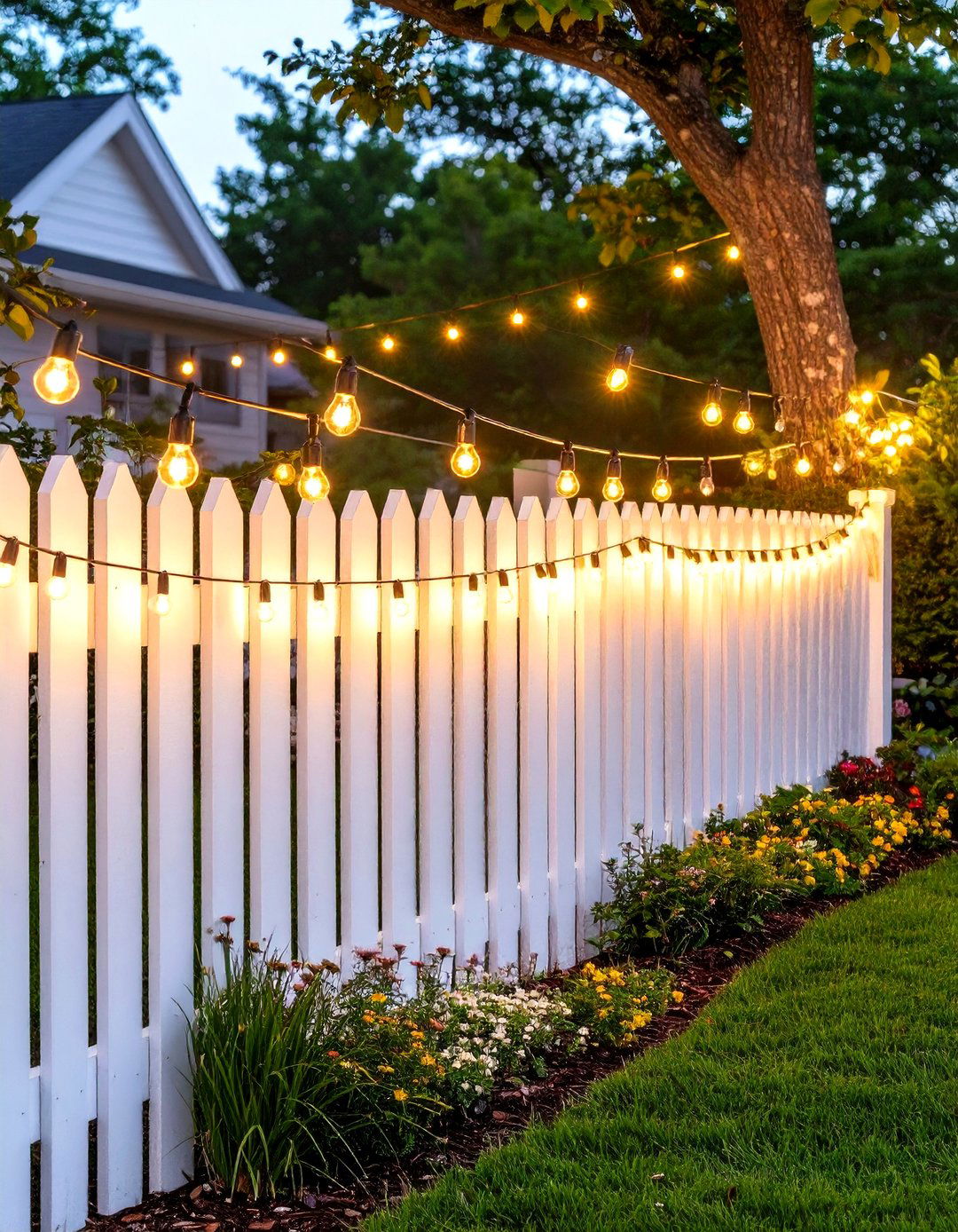 Draped String Lights Along the Fence Top - 30 outdoor fence lighting ideas
