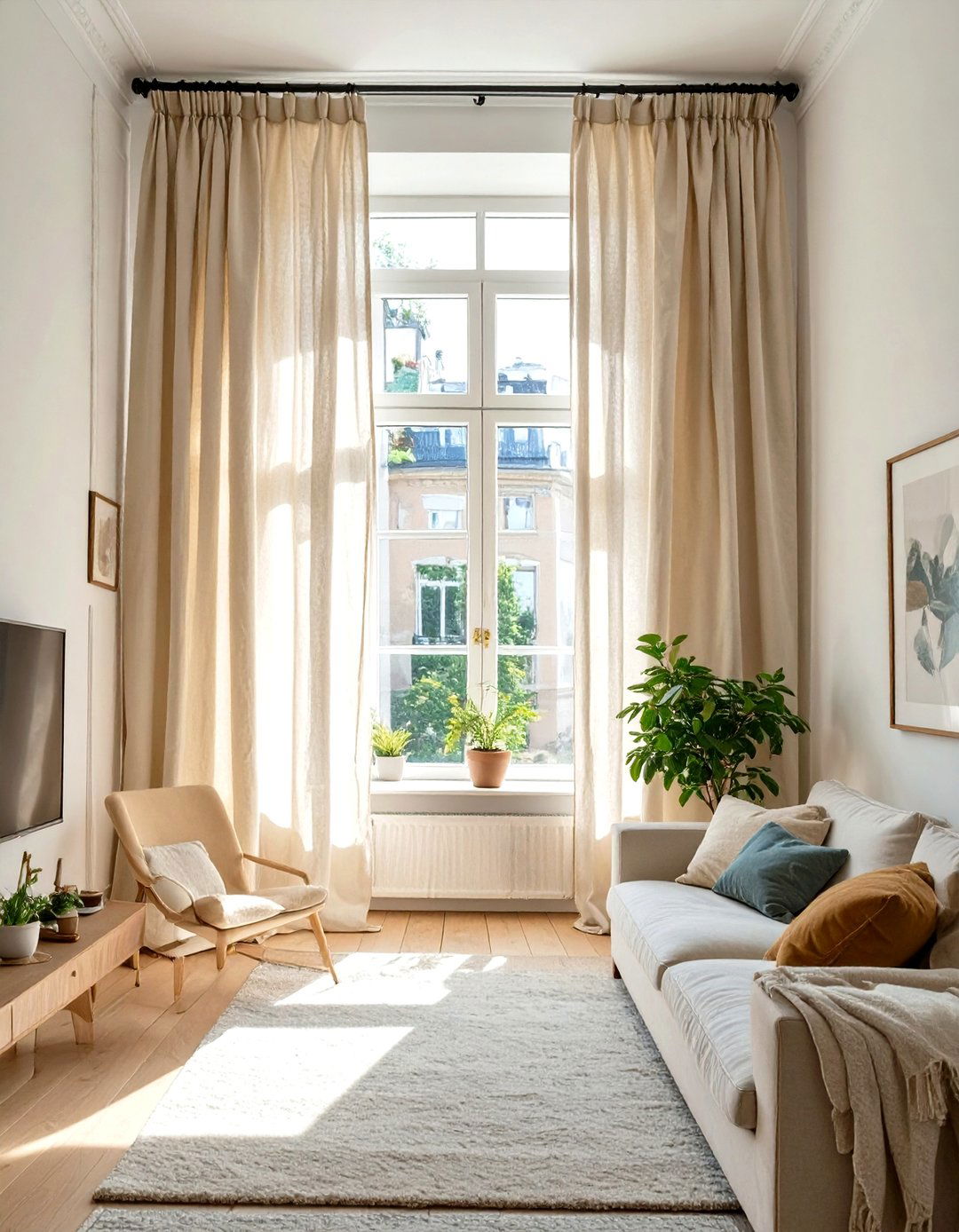 Drapery Hung High and Wide - 30 small narrow living room ideas
