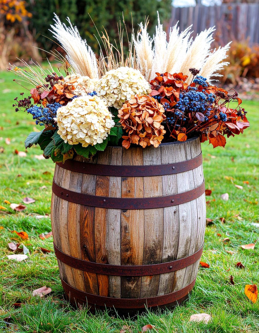 Dried Hydrangea and Grasses Winter Planter - 30 outdoor winter planter ideas