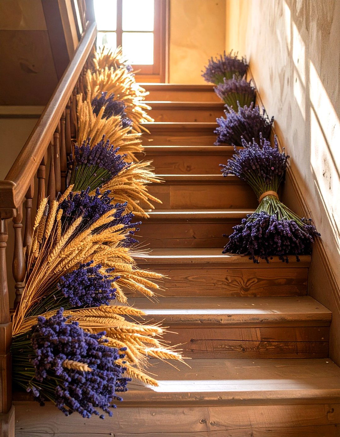Dried Lavender and Wheat Garland - 30 garland on stairs ideas