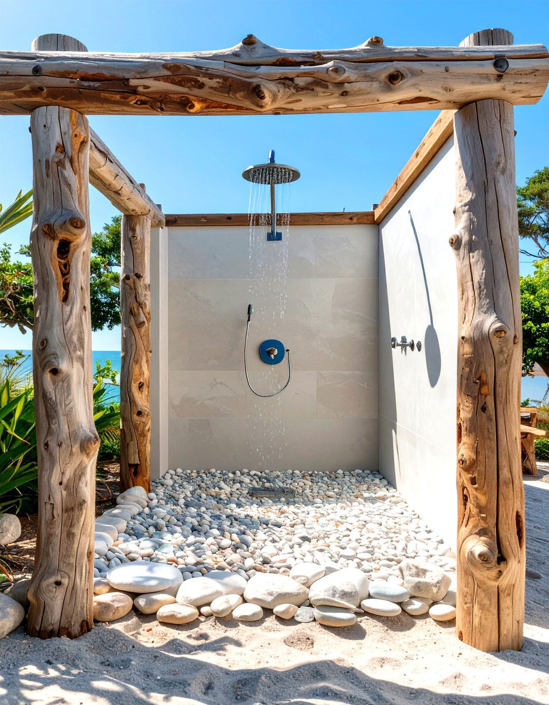 Driftwood Framed Shower - 30 rustic outdoor shower ideas