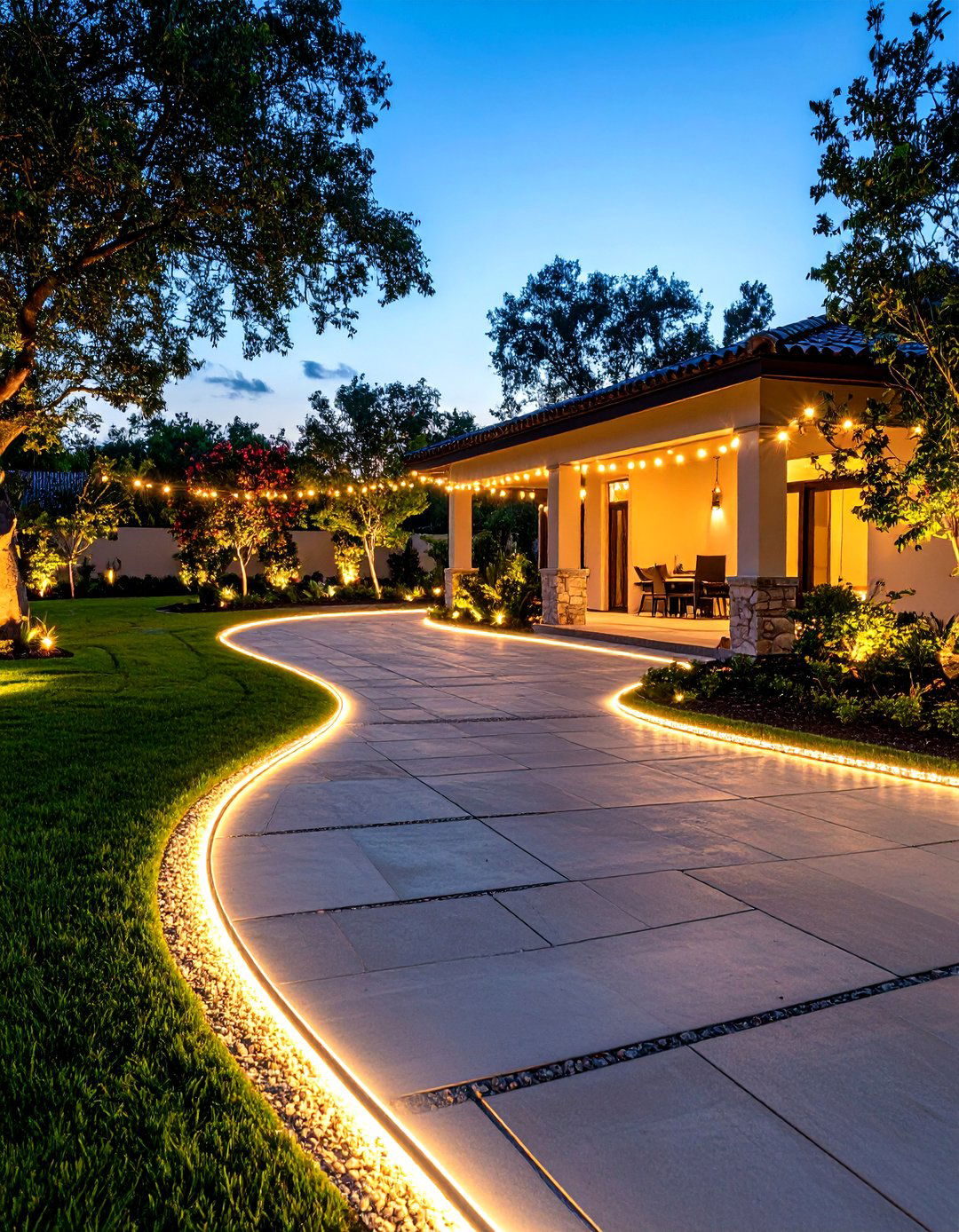 Driveway Border with Rope Lights - 30 front yard lighting ideas