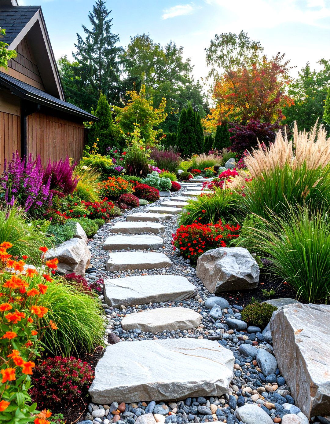 Driveway Entrance with a Dry Creek Bed - 30 driveway entrance landscaping ideas