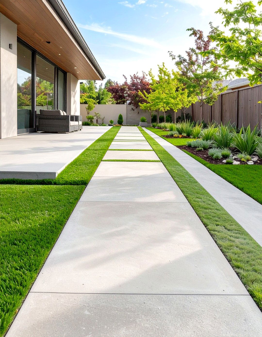 Driveway Style Cement Patio with Turf Strips - 30 cement patio ideas